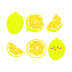 Collection of vector illustrations of a whole lemon, half and slices in a flat style. Set of juicy lemons on a white background for design.