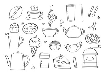 Cute doodle coffee cafe and bakery cartoon icons and objects.