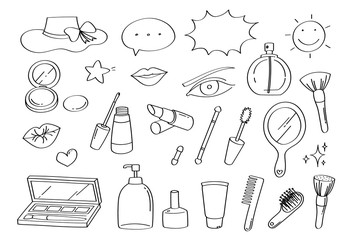 Cute doodle beauty makeup and fashion cartoon icons and objects.