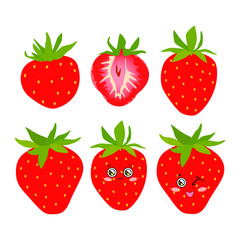 Collection of vector illustrations of whole and half strawberry berries in a flat style. Bright strawberries on a white background for design.
