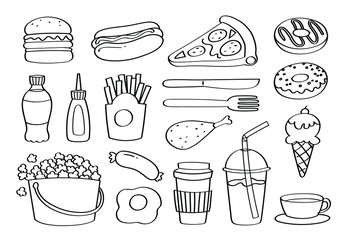 Cute doodle fast food or junk food cartoon icons and objects.