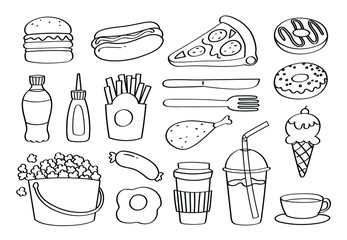 Cute doodle fast food or junk food cartoon icons and objects.