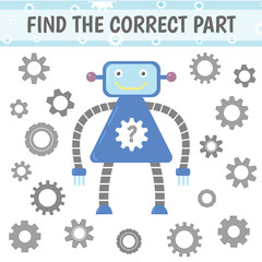 Educational game for children find the correct gear. Game with robot. Vector illustration.