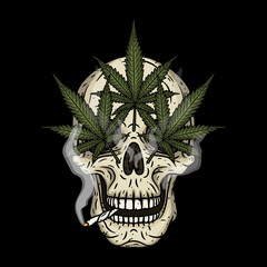 Skull with marijuana leaves. Rastaman skull with cannabis leafs and spliff