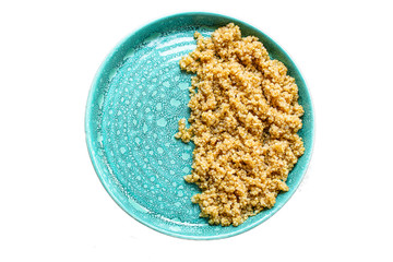 Cooked quinoa, boiled cereal porridge (healthy diet eating) menu concept background. top view. copy space for text