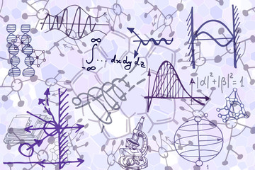 Physics or chemistry abstract illustration with parts of decorative lab tools and diagrams. Hand drawn.