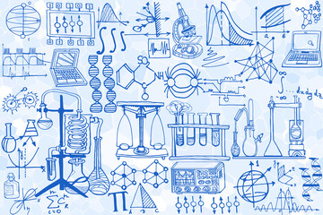 Physics or chemistry abstract illustration with parts of decorative tools and diagrams on light blue board. Hand drawn.