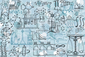 Physics or chemistry abstract illustration with parts of decorative tools and diagrams on light blue board. Hand drawn.