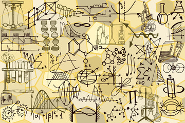 Physics or chemistry abstract illustration with decorative tools and diagrams on light yellow background. Hand drawn.