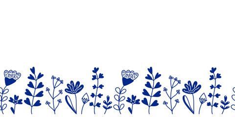 Seamless border of spring or summer forest and meadow plants, flowers. Silhouettes and contours of green plants. Hand-drawn vector illustration. For postcards, invitations, and other things. Place for