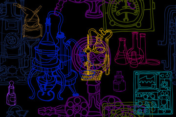 Fototapeta na wymiar Physics or chemistry black abstract illustration with decorative lab tools illustrating experiments. Hand drawn.