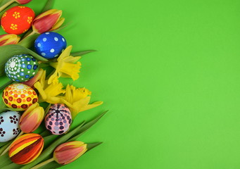 Happy Easter - painted eggs and daffodils on colored background