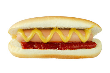 Tasty hot dog with yellow mustard and red ketchup isolated on a white background. Fast food. Hot dog with sausage, ketchup and mustard isolated on a white background.