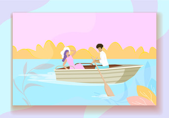 Young Couple Floating at Wooden Boat with Paddles in Pond. Loving Romantic Relations, Summer Time Vacation, Leisure, Sparetime. Love Journey, People Traveling in Lake. Cartoon Flat Vector Illustration