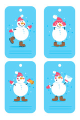 Vector holiday Christmas and new year tags with cartoon Snow man