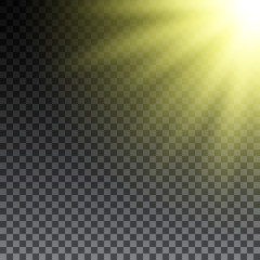 Yellow sun rays on transparent background. Light effect. Vector illustration.