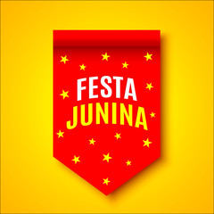 Red ribbon with yellow stars. Decoration with name of Brazilian June Festival. Vector illustration. "Festa Junina" - June Festival.