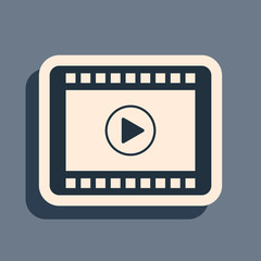 Black Play Video icon isolated on grey background. Film strip with play sign. Long shadow style. Vector Illustration