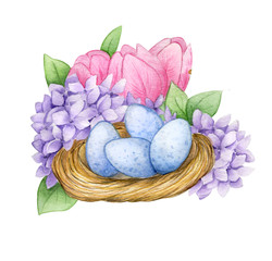 Obraz na płótnie Canvas watercolor illustration, nest with Easter eggs surrounded by flowers