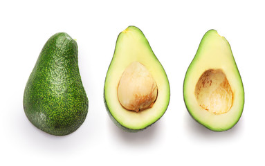 Set of green ripe avocado isolated on white background
