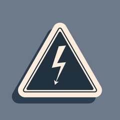 Black High voltage sign icon isolated on grey background. Danger symbol. Arrow in triangle. Warning icon. Long shadow style. Vector Illustration