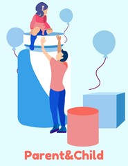 Tall Man Pulls Hands Little Girl. Parent and Child. Blue Background with Blue Balloons. Insurance Policy. Vector Illustration. Reliable Protection. Child in Red Dress Sits on Jar. Jar of Medicine.