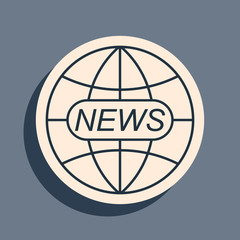 Black World and global news concept icon isolated on grey background. World globe symbol. News sign icon. Journalism theme, live news. Long shadow style. Vector Illustration