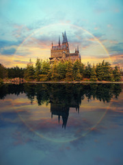 Obraz premium Hogwarts castle at Universal Studio Japan with impressive sky and rainbow
