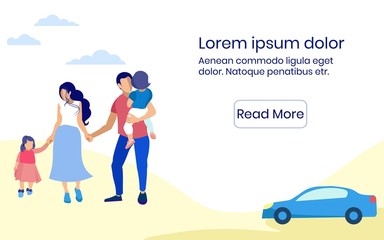 Man and Woman with Little Children Walk. Insurance Policy. Vector Illustration. Reliable Protection. Insurance for Family. Life and Health Insurance on Vacation. Family on White Background with Text.