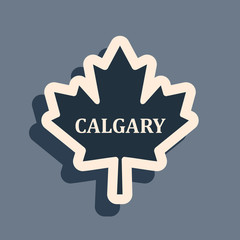 Black Canadian maple leaf with city name Calgary icon isolated on grey background. Long shadow style. Vector Illustration