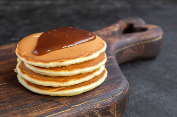homemade pancakes with caramel syrup.