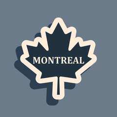 Black Canadian maple leaf with city name Montreal icon isolated on grey background. Long shadow style. Vector Illustration