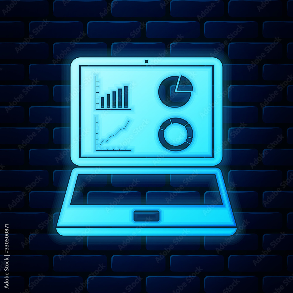 Poster glowing neon laptop with graph chart icon isolated on brick wall background. report text file icon. 