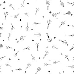 Black Magnifying glass with percent discount icon isolated seamless pattern on white background. Discount offers searching. Search for discount sale sign. Vector Illustration