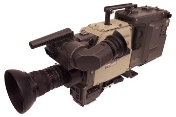 Old reporter television camera isolated on white.