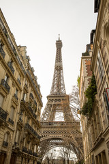 Street with view on the famous paris eiffel tower .