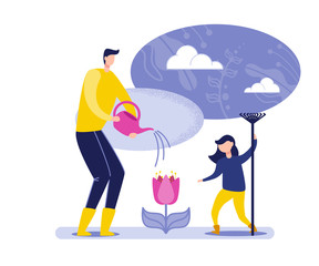 People Watering Flower Cartoon Flat Vector Illustration. Man and Girl Growing Plants in Nature, Clean Ecology, Garden Tools such as Watering Can, Rake. Environmental Protection Concept.