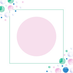 Square frame made of watercolor circles of turquoise and blue, pink on a white background. Use for menus, baby decor and birthday parties
