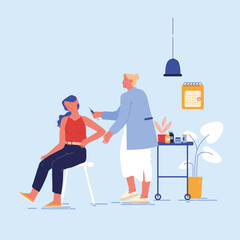 Vaccination Concept. Doctor Character Injecting Flu Shot Vaccine to Patient Arm. Young Woman Sitting in Medical Cabinet Apply Drug. Viruses and Disease Prevention. Cartoon People Vector Illustration