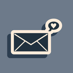 Black Envelope with Valentine heart icon isolated on grey background. Message love. Letter love and romance. Long shadow style. Vector Illustration