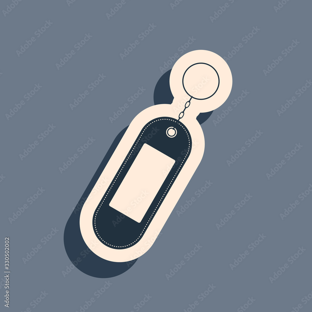 Poster black key chain icon isolated on grey background. blank rectangular keychain with ring and chain for