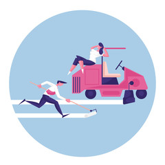 Businessman Character Holding Painting Roller and Businesswoman on Car Drawing Path Paving the Way to Success and Business Target. Leadership Competition, Career. Cartoon People Vector Illustration