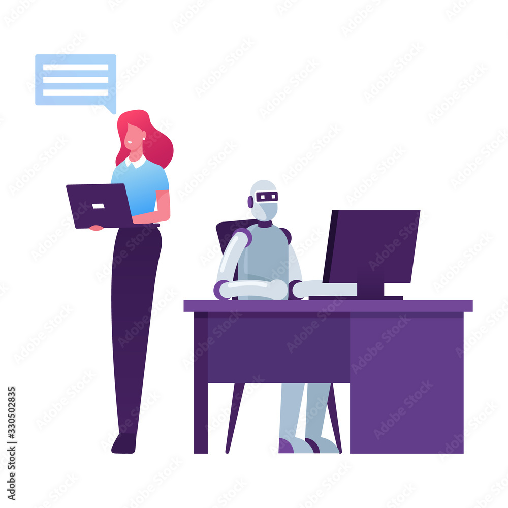 Poster artificial intelligence in human life, chatbot service. robot sitting at desk with computer working 