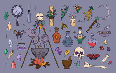 Wicca, pagan and herbal medicine collection. Isolated witchcraft elements set - cauldron, mirror, candles, ritual sickle. Magic, esoteric or occult symbols. Badges, stickers and print concept