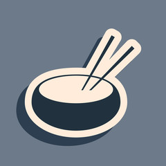 Black Bowl with asian food and pair of chopsticks silhouette icon isolated on grey background. Concept of prepare, eastern diet. Long shadow style. Vector Illustration