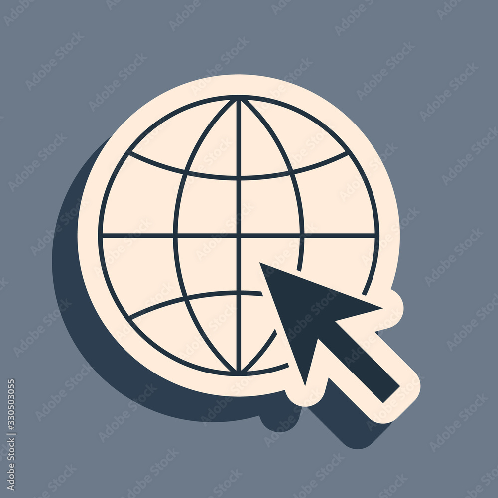 Poster black go to web icon isolated on grey background. globe and cursor. website pictogram. world wide we