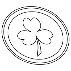 Coin with clover emblem. Sketch. Front view. The leaf of the plant is the symbol of Ireland. Trefoil. Vector illustration. Outline on isolated background. Coloring book for children. 