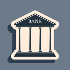 Black Bank building icon isolated on grey background. Long shadow style. Vector Illustration