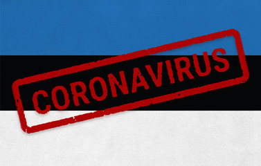 Flag of Estonia on paper texture with stamp, banner of Coronavirus name on it. 2019 - 2020 Novel Coronavirus (2019-nCoV) concept, for an outbreak occurs in the Estonia.