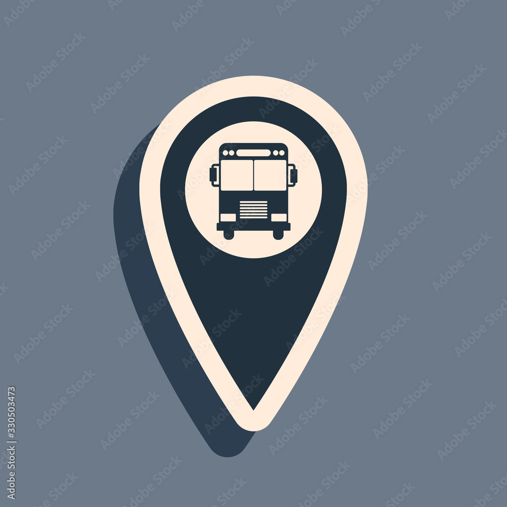 Aufkleber black map pointer with bus icon isolated on grey background. long shadow style. vector illustration